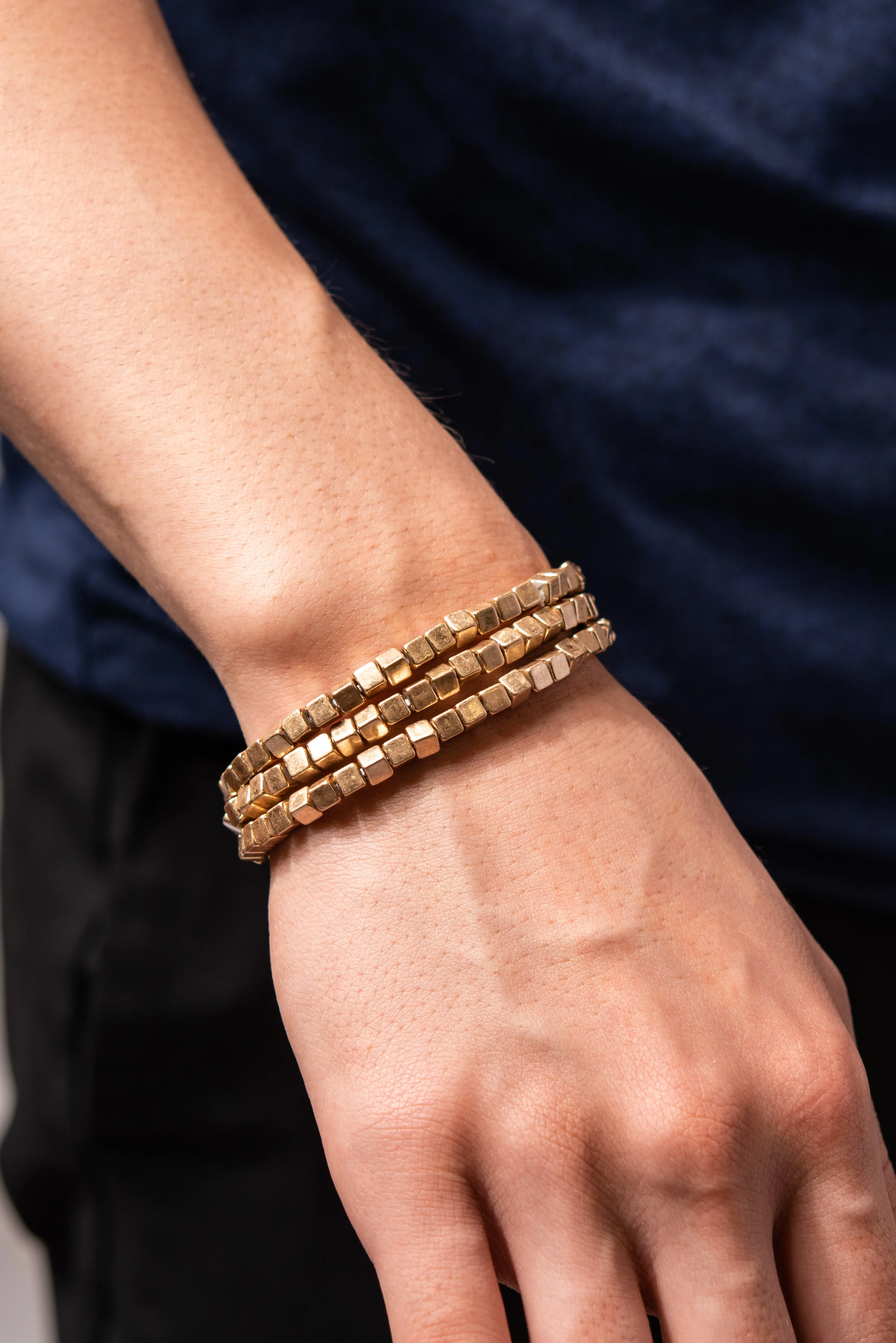 3-Piece Cubed Metal Bead Bracelet - Gold