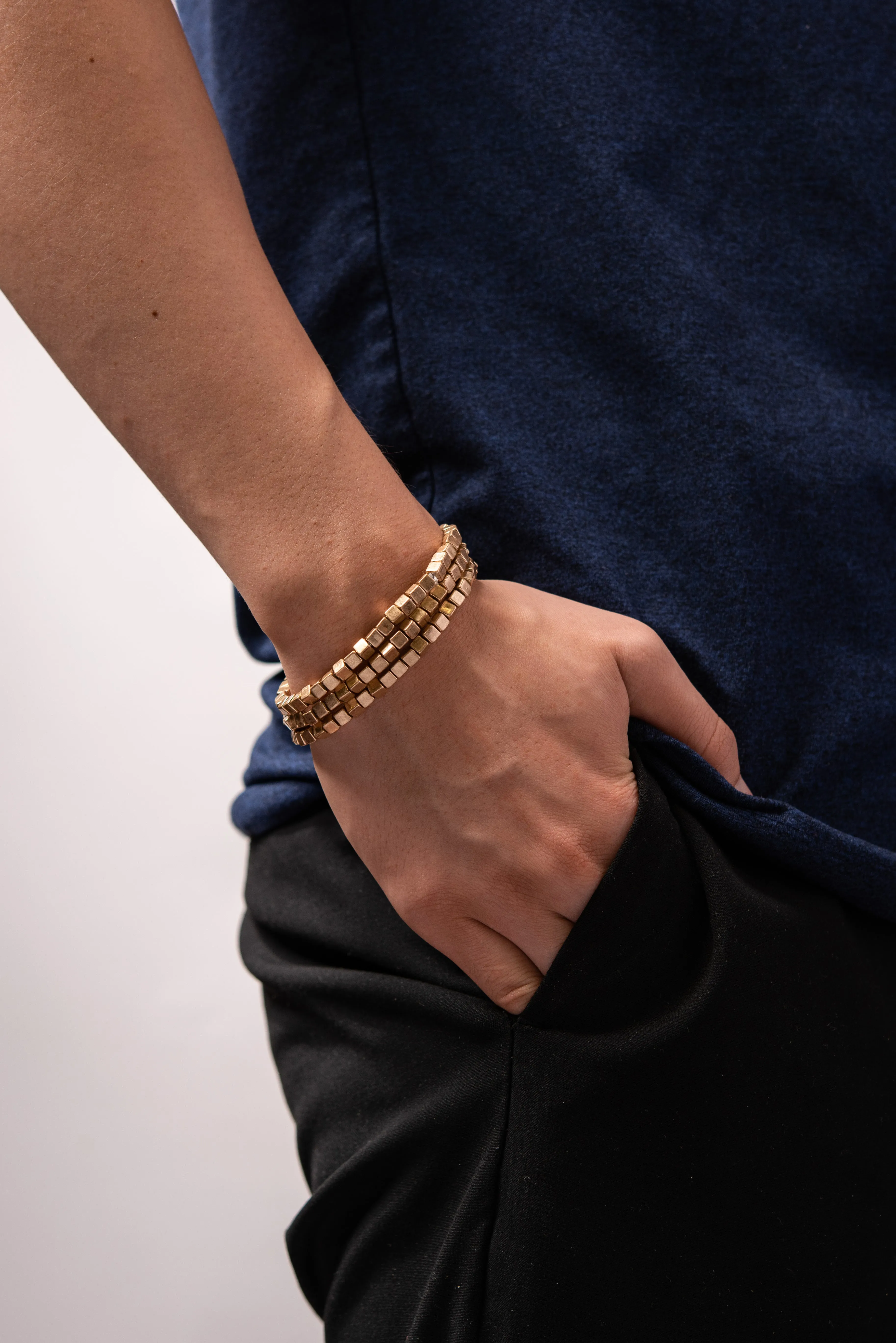 3-Piece Cubed Metal Bead Bracelet - Gold