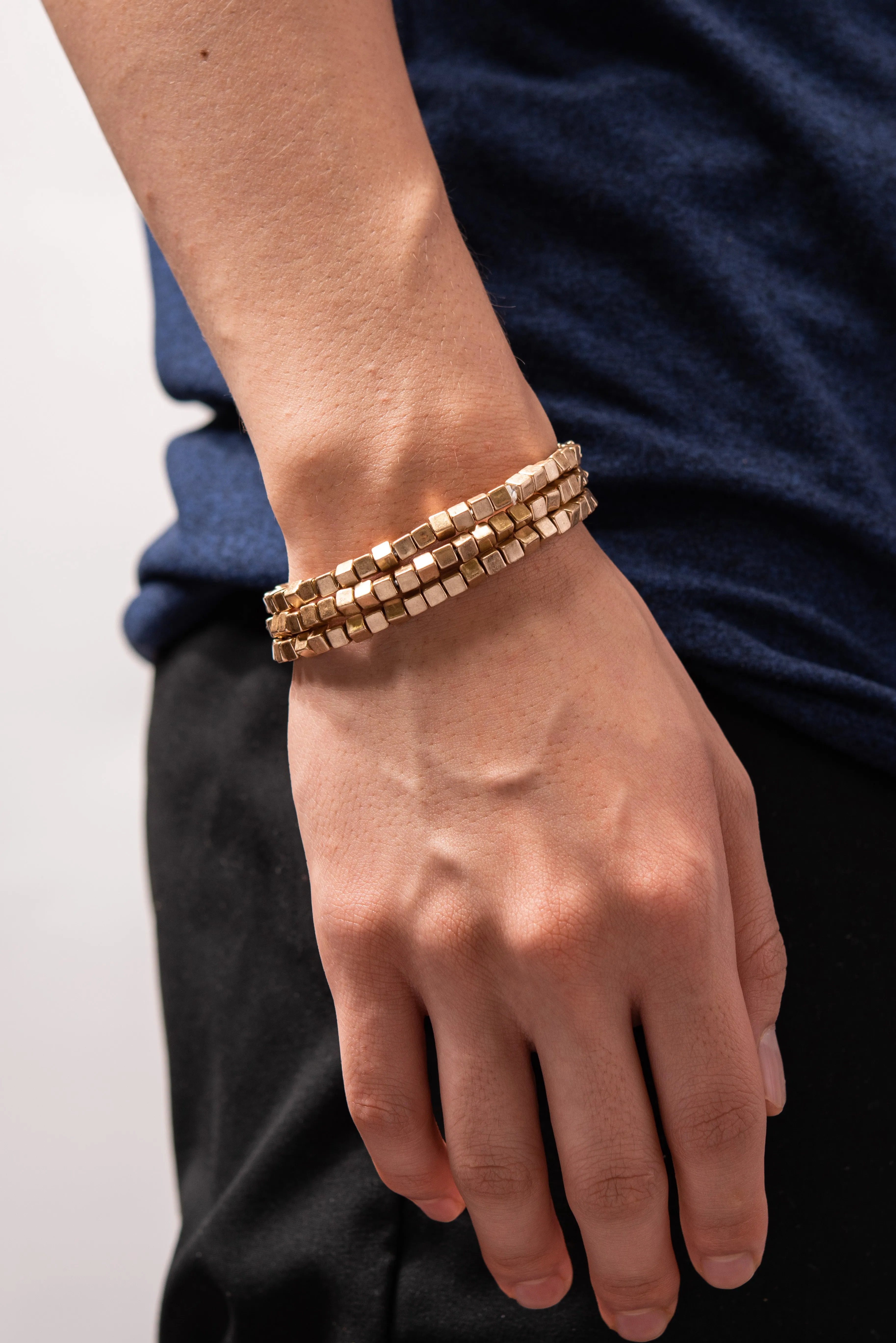 3-Piece Cubed Metal Bead Bracelet - Gold