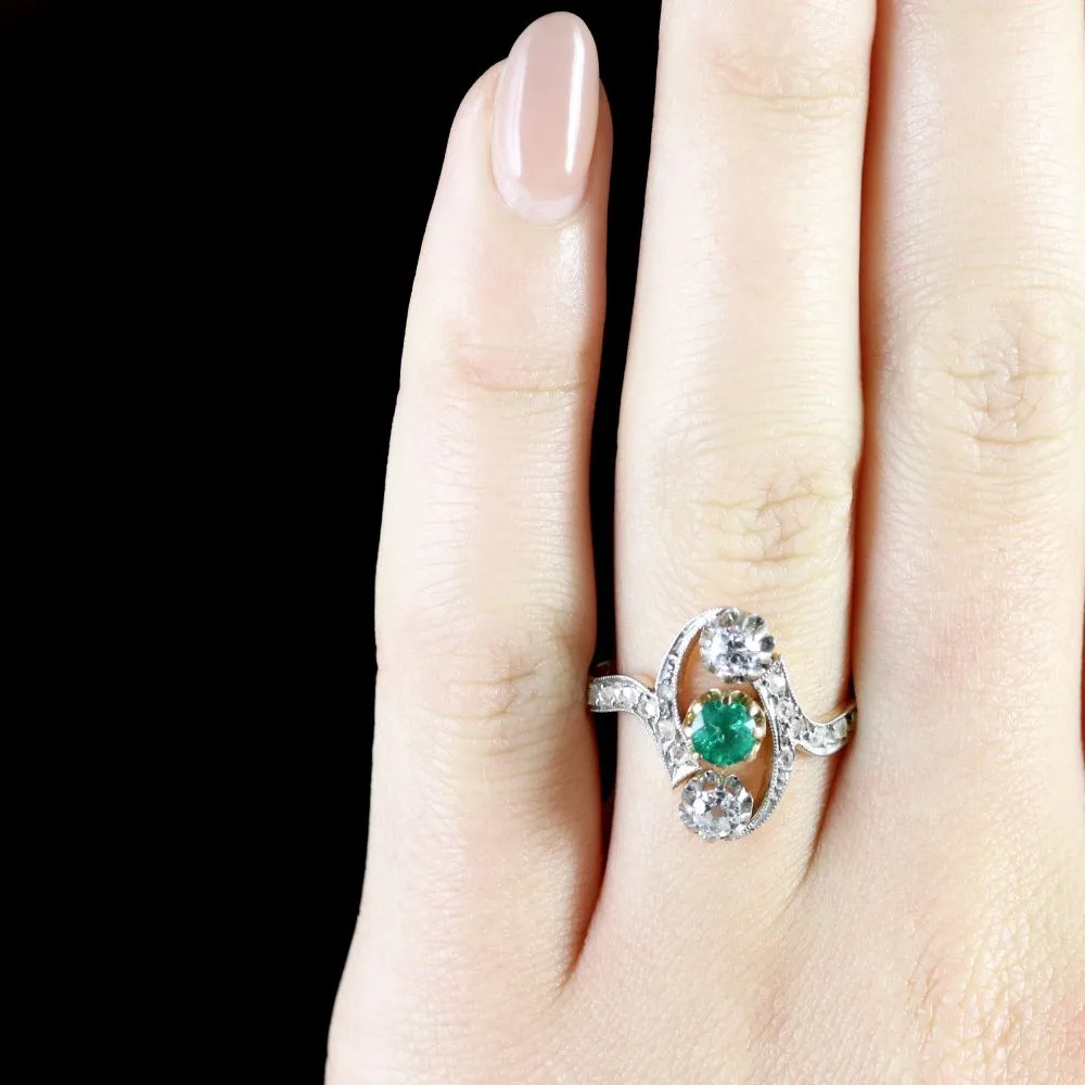 Antique Victorian French Emerald And Diamond Ring Circa 1900