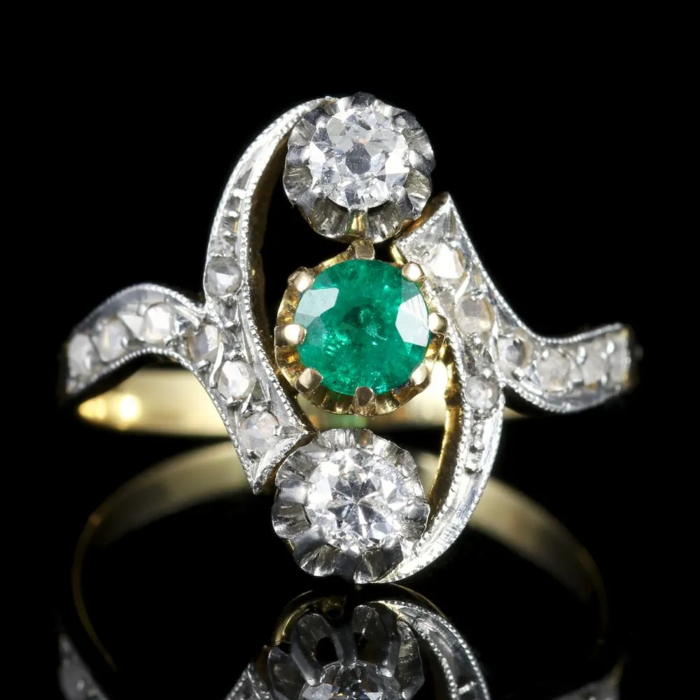 Antique Victorian French Emerald And Diamond Ring Circa 1900