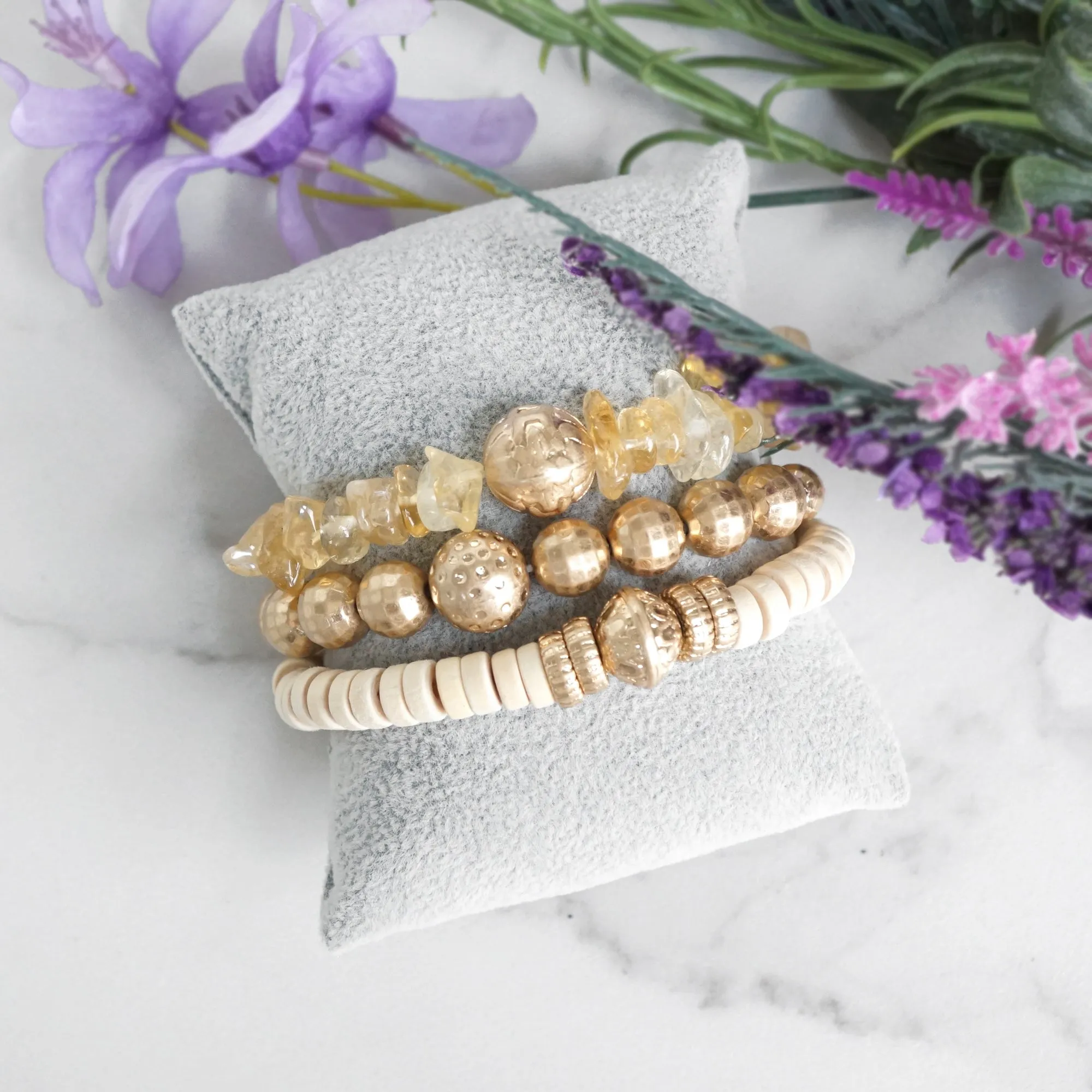 Boho Beads Bracelets stack of 3 piece with Semi Precious stones beads in Neutral and gold