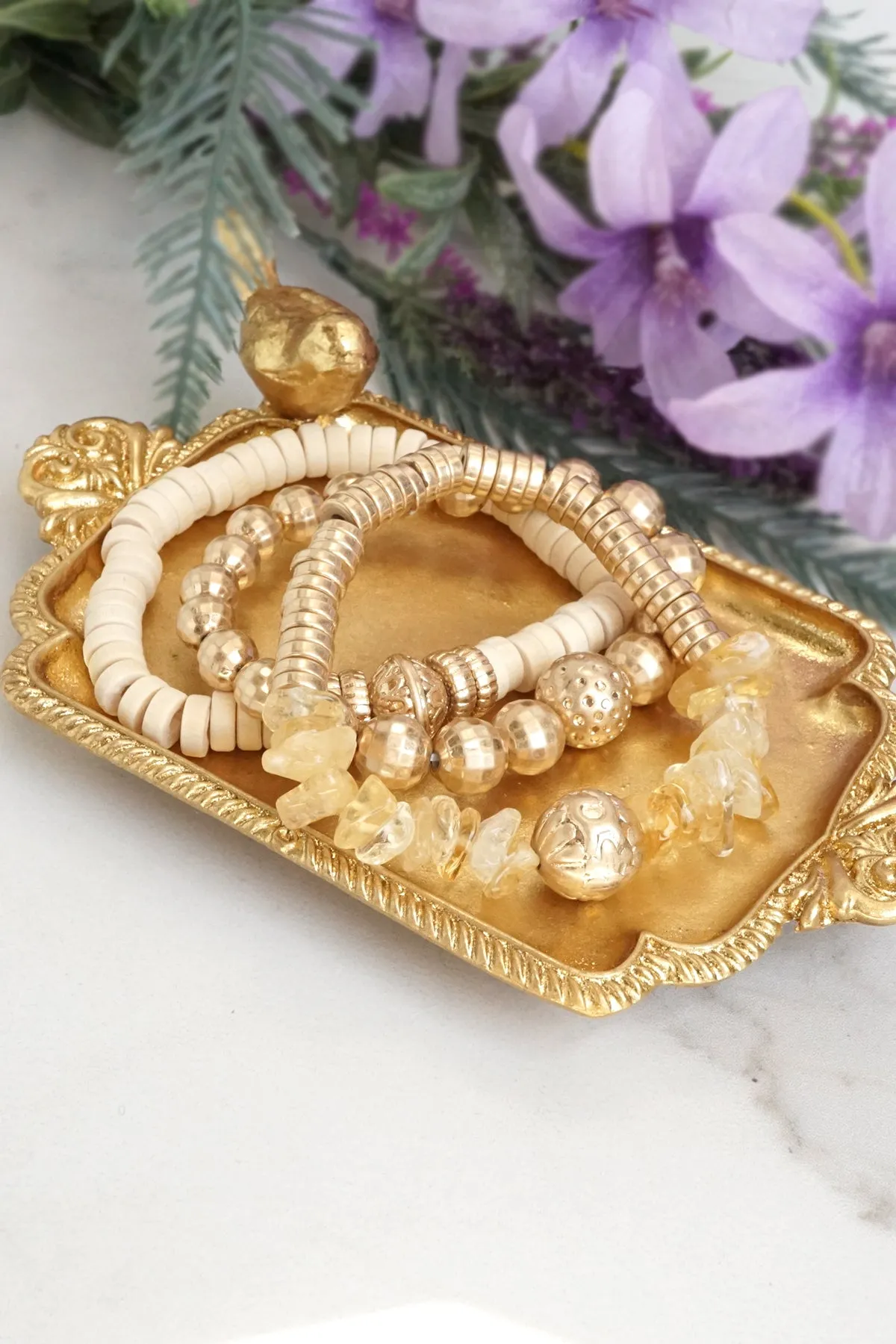 Boho Beads Bracelets stack of 3 piece with Semi Precious stones beads in Neutral and gold