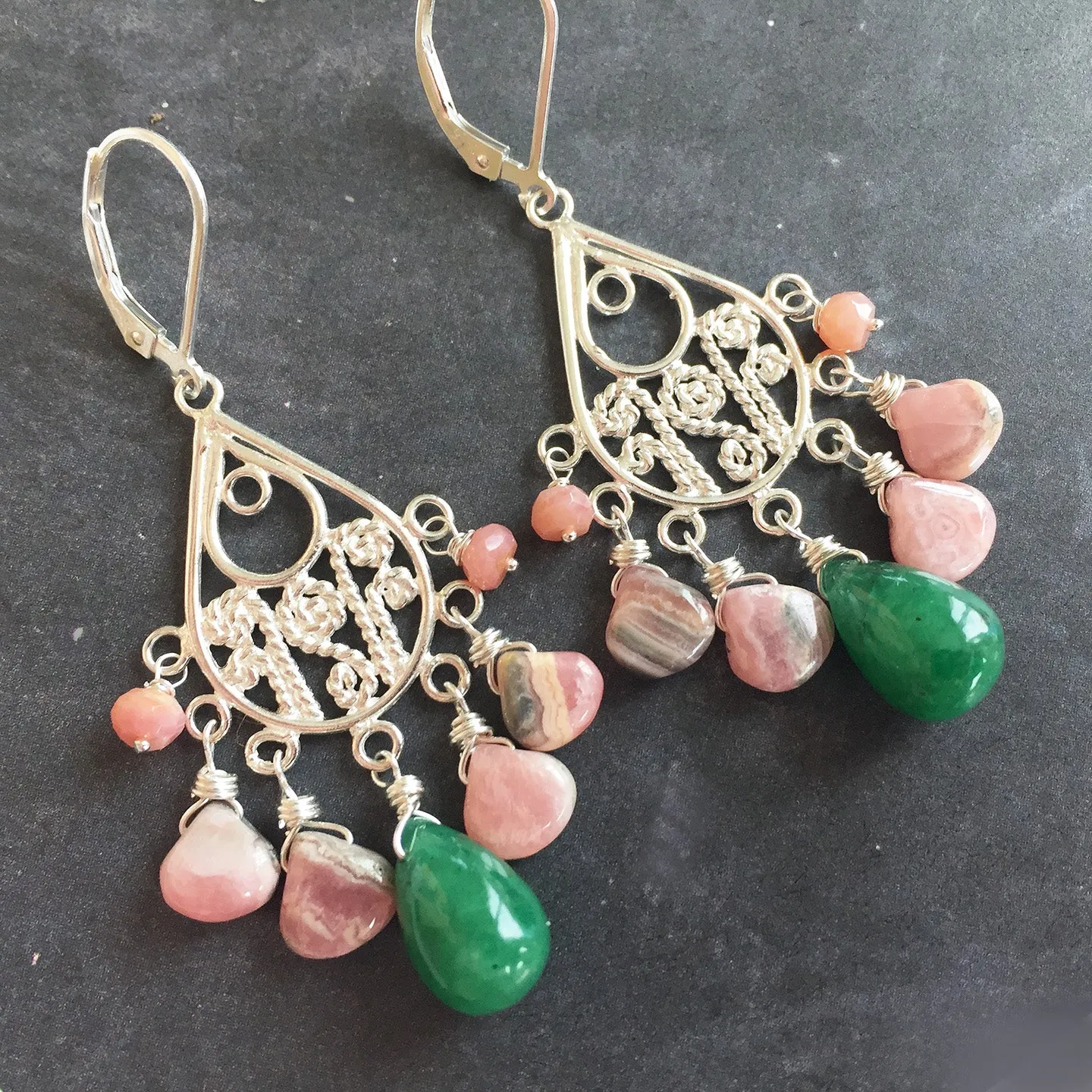 Emerald and Rhodocrosite Chandelier Earrings OOAK