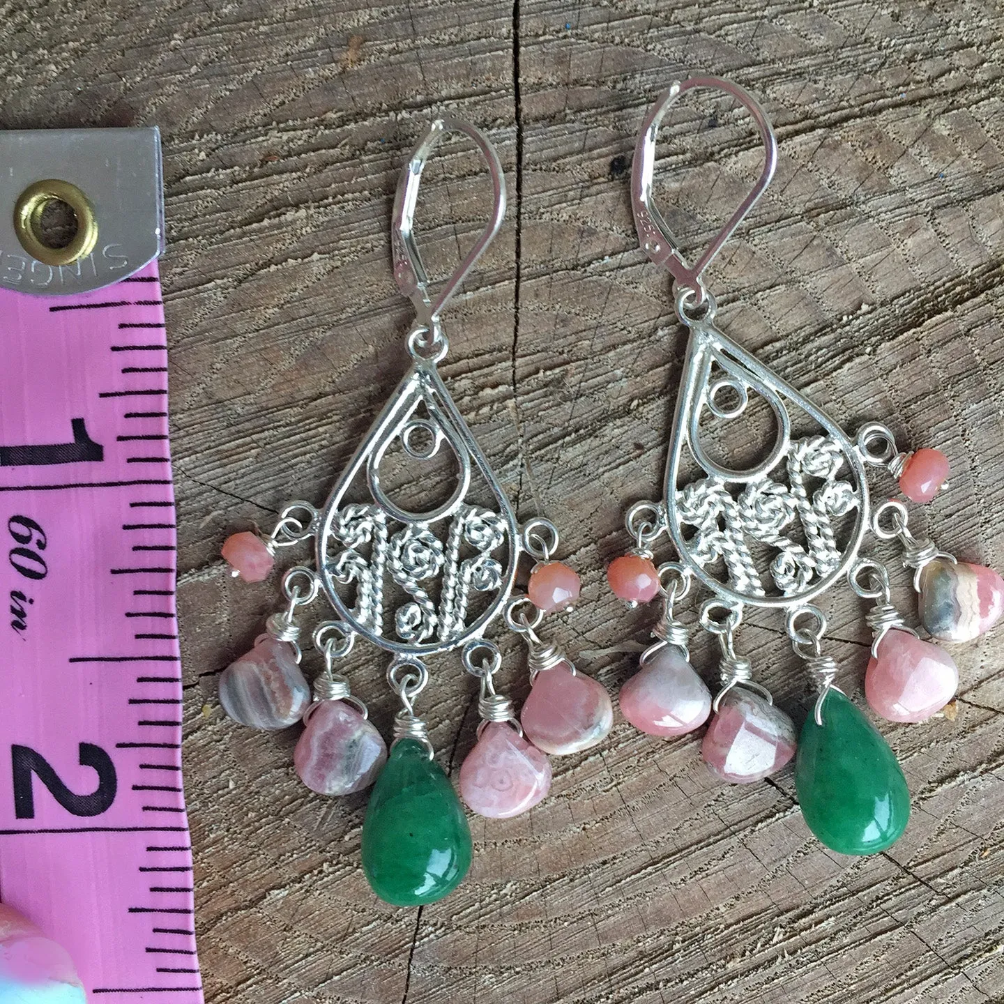 Emerald and Rhodocrosite Chandelier Earrings OOAK