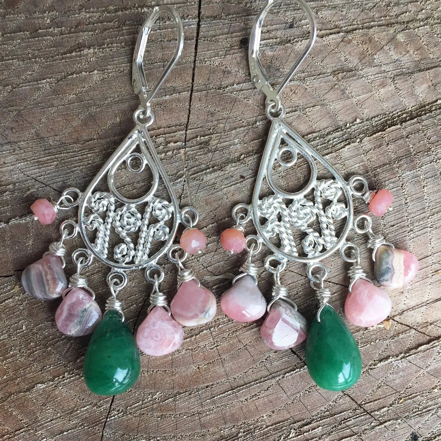 Emerald and Rhodocrosite Chandelier Earrings OOAK