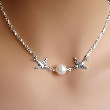 Fashion Vintage Contracted And Delicate Threesome Short A Pair Of Lovebirds imitation pearl Necklaces Women Jewelry