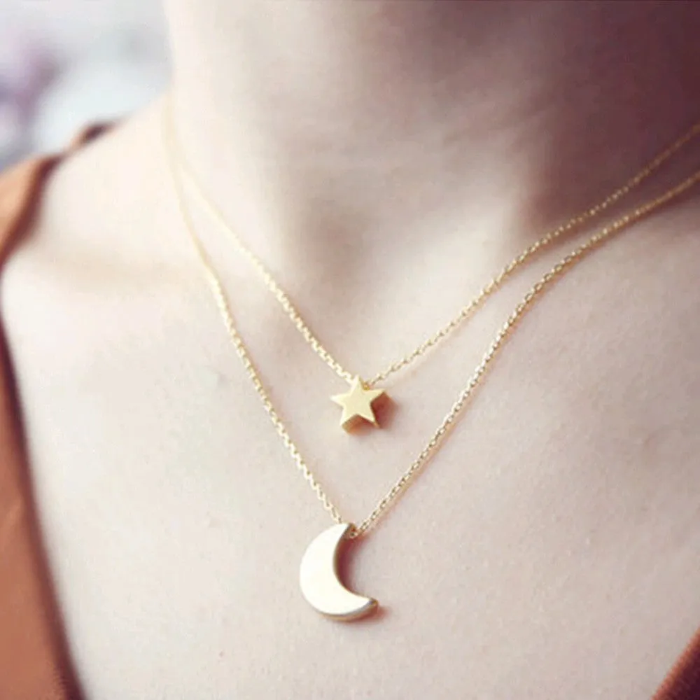 Gold & Silver Multilayer Moon Star Pendant Necklace
