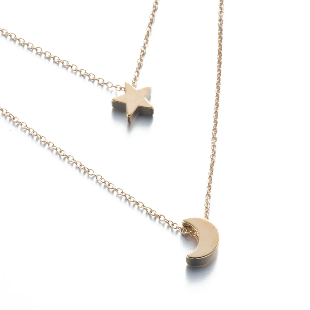 Gold & Silver Multilayer Moon Star Pendant Necklace