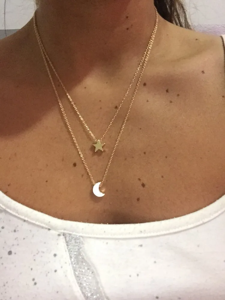 Gold & Silver Multilayer Moon Star Pendant Necklace