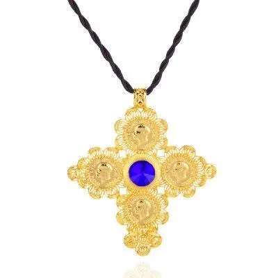 Golden Ethiopian Cross Coin Pendant with Large Crystal Center and Rope Necklace
