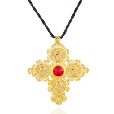Golden Ethiopian Cross Coin Pendant with Large Crystal Center and Rope Necklace