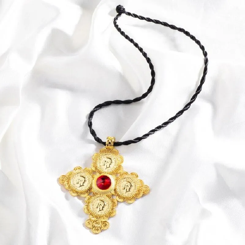 Golden Ethiopian Cross Coin Pendant with Large Crystal Center and Rope Necklace