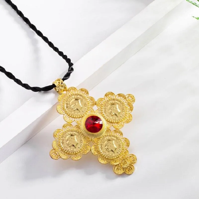 Golden Ethiopian Cross Coin Pendant with Large Crystal Center and Rope Necklace