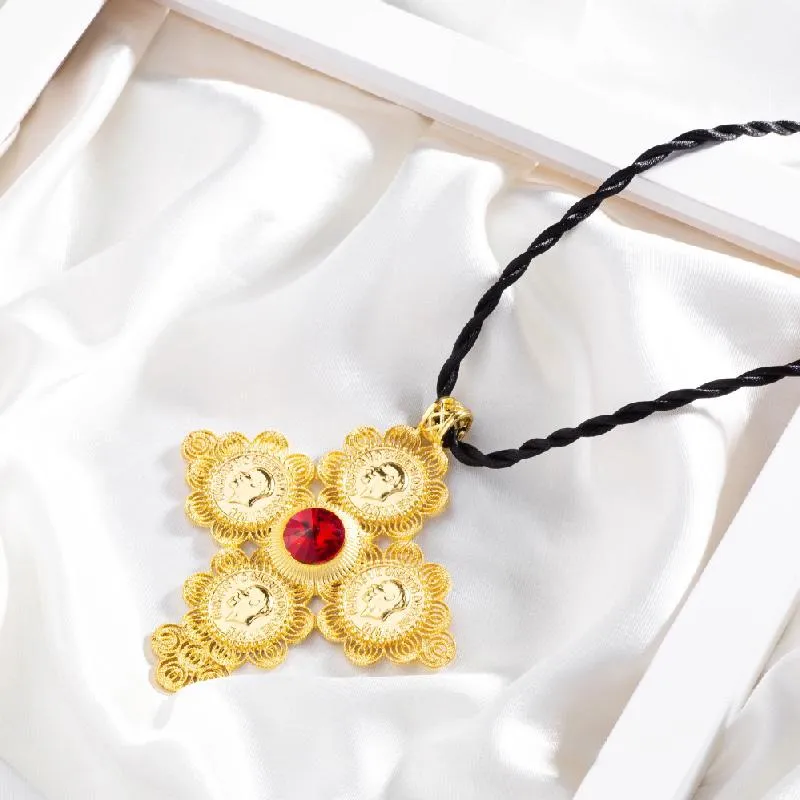 Golden Ethiopian Cross Coin Pendant with Large Crystal Center and Rope Necklace