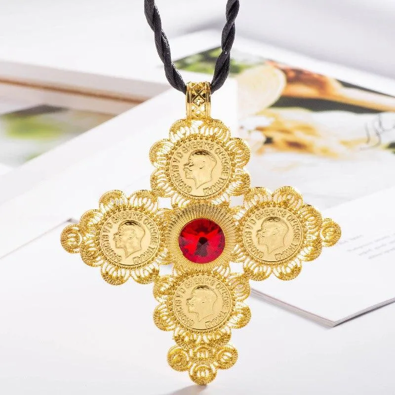 Golden Ethiopian Cross Coin Pendant with Large Crystal Center and Rope Necklace