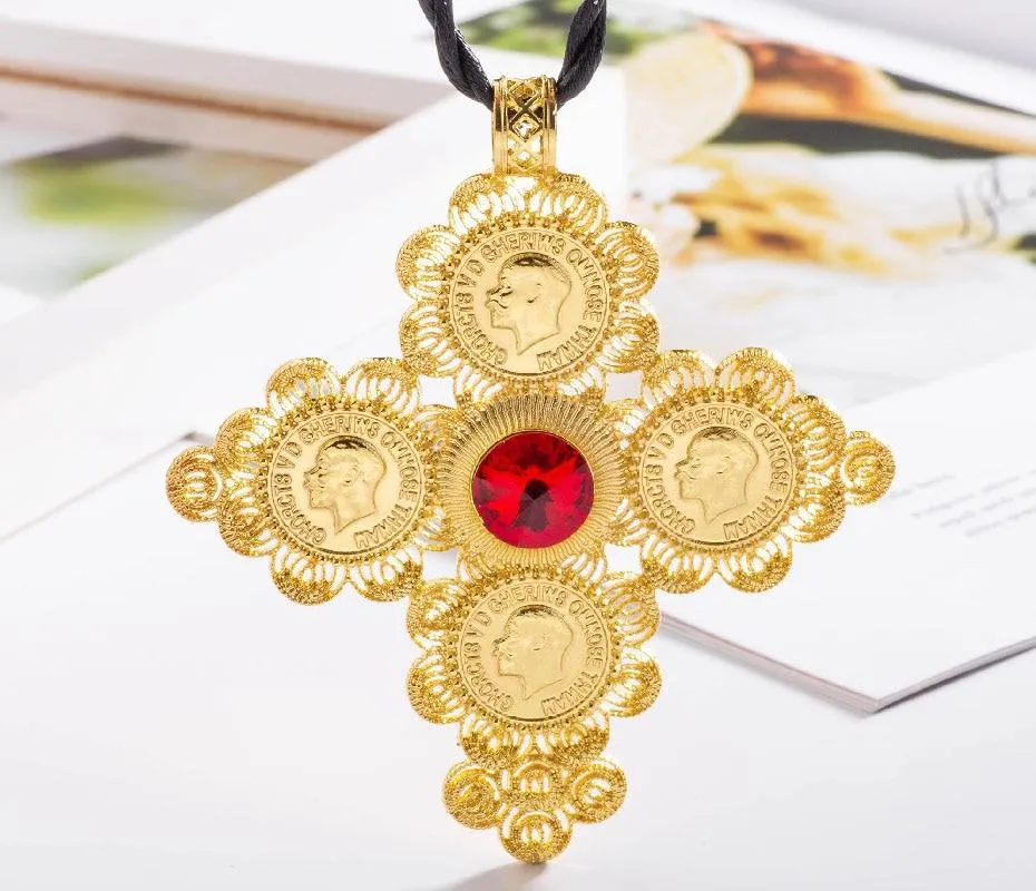 Golden Ethiopian Cross Coin Pendant with Large Crystal Center and Rope Necklace