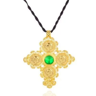 Golden Ethiopian Cross Coin Pendant with Large Crystal Center and Rope Necklace