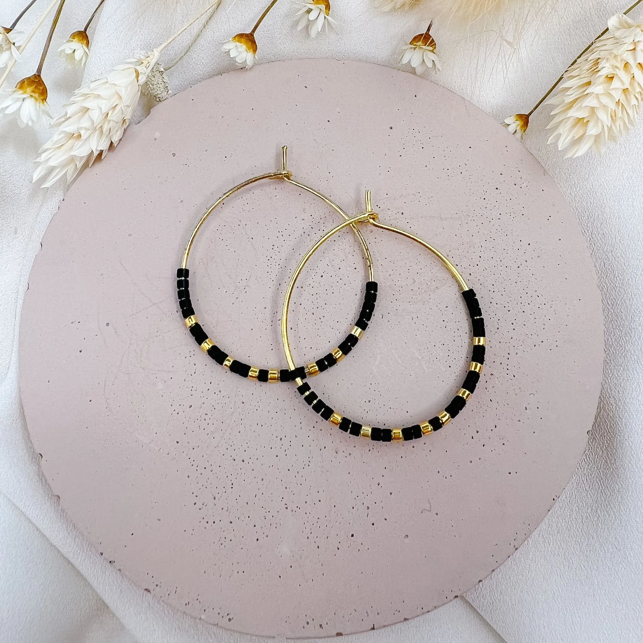 Miyuki Bead Hoop Earrings in Black