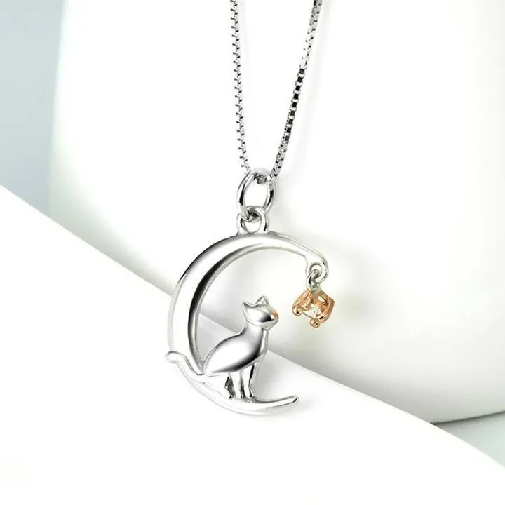Moon With Cat Pendant Necklace