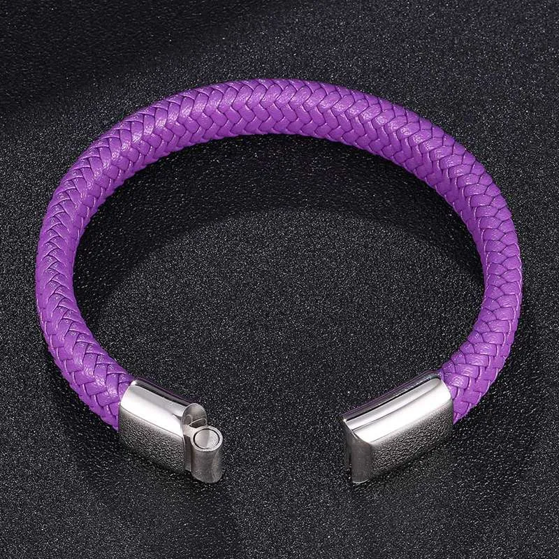 Purple Braided Genuine Leather Stainless Steel Magnetic Bracelet