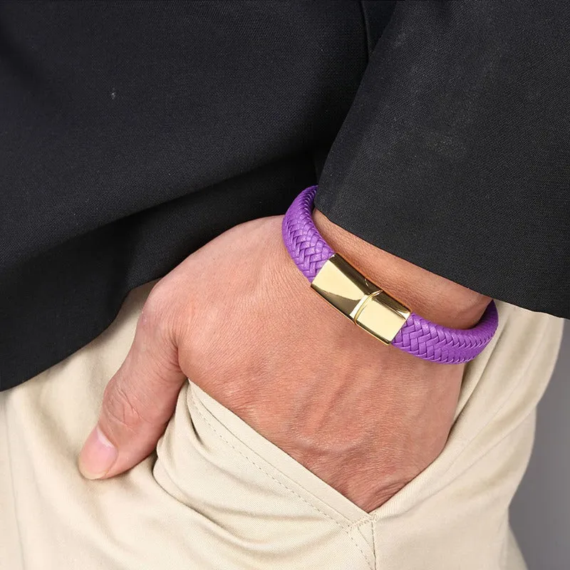 Purple Braided Genuine Leather Stainless Steel Magnetic Bracelet