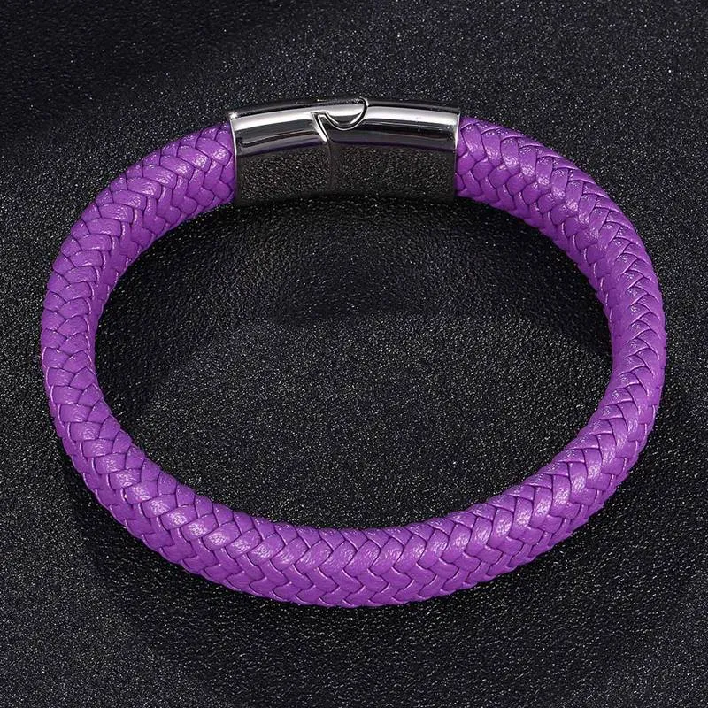 Purple Braided Genuine Leather Stainless Steel Magnetic Bracelet