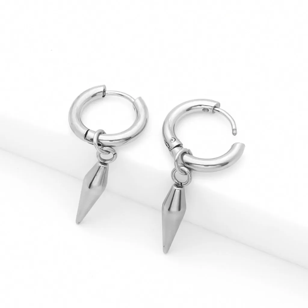 Stainless Steel Drop Spike Cone Huggie Hoop Earrings - Silver