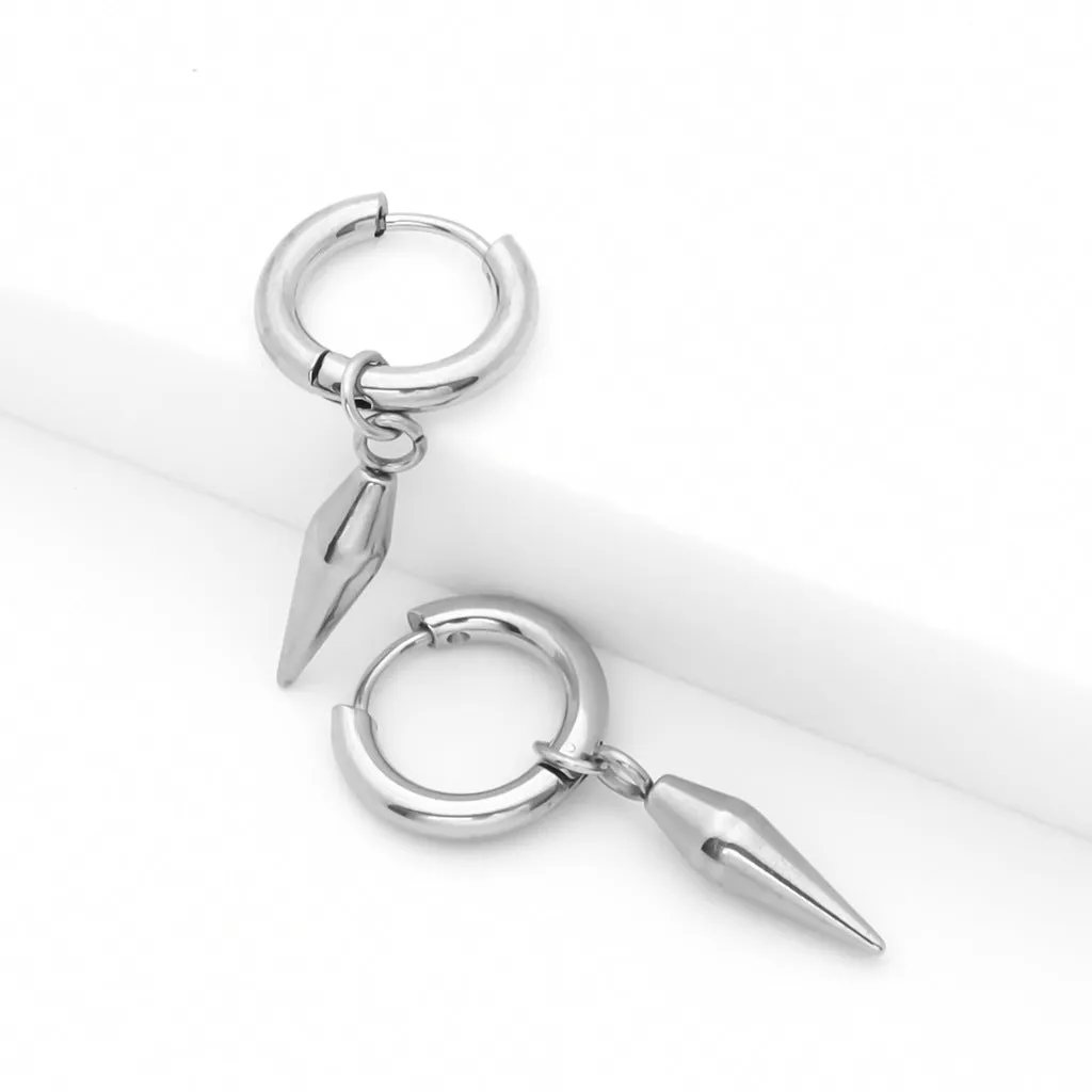 Stainless Steel Drop Spike Cone Huggie Hoop Earrings - Silver