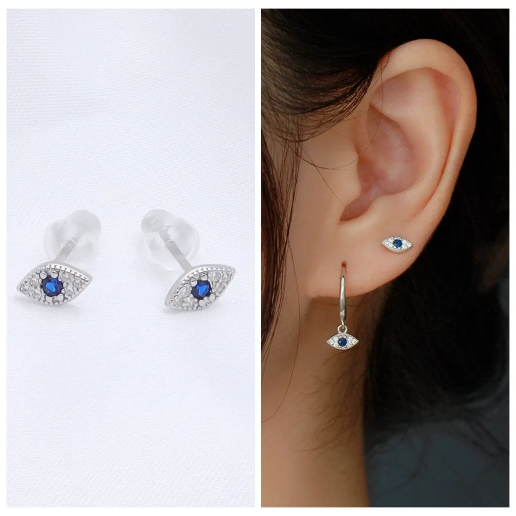 Sterling Silver Evil Eye Stud Earrings - Silver