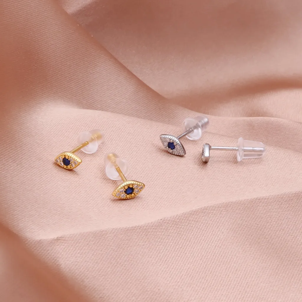 Sterling Silver Evil Eye Stud Earrings - Silver