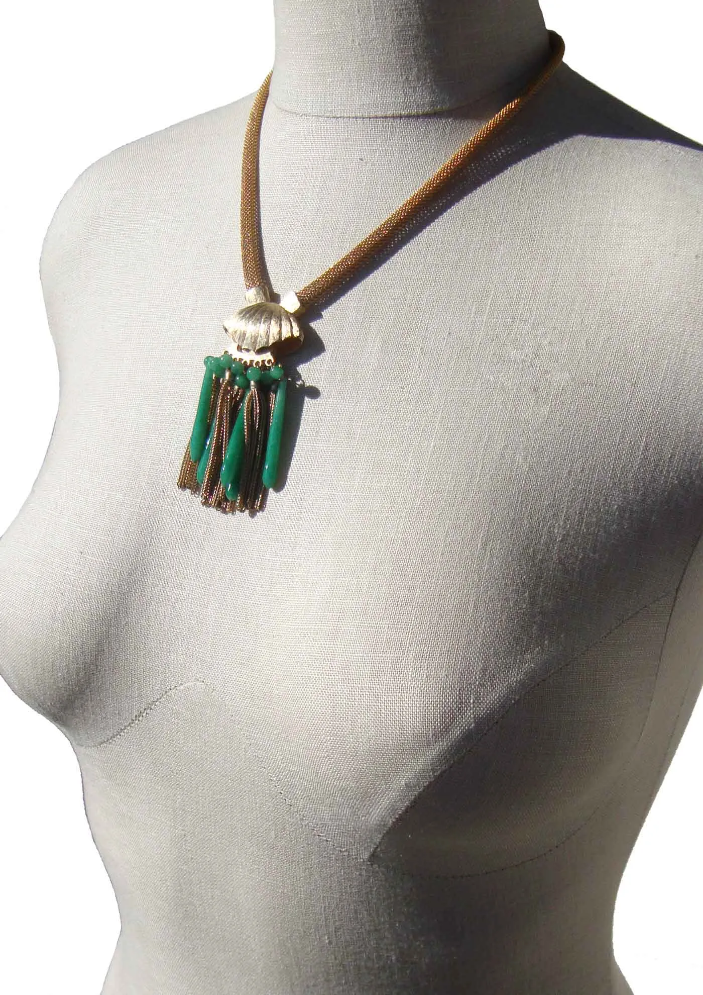 Vintage Jellyfish Necklace Green Peking Glass Fringed Tassels