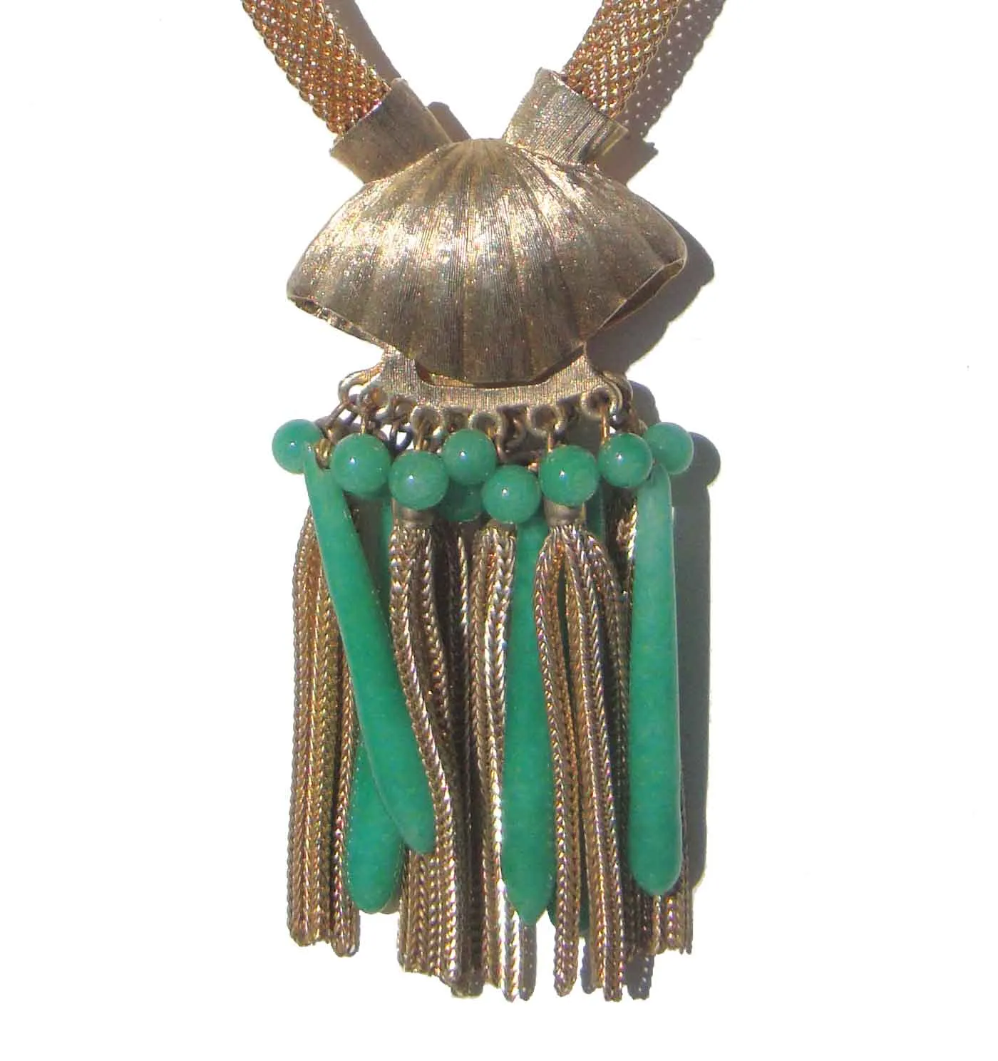 Vintage Jellyfish Necklace Green Peking Glass Fringed Tassels