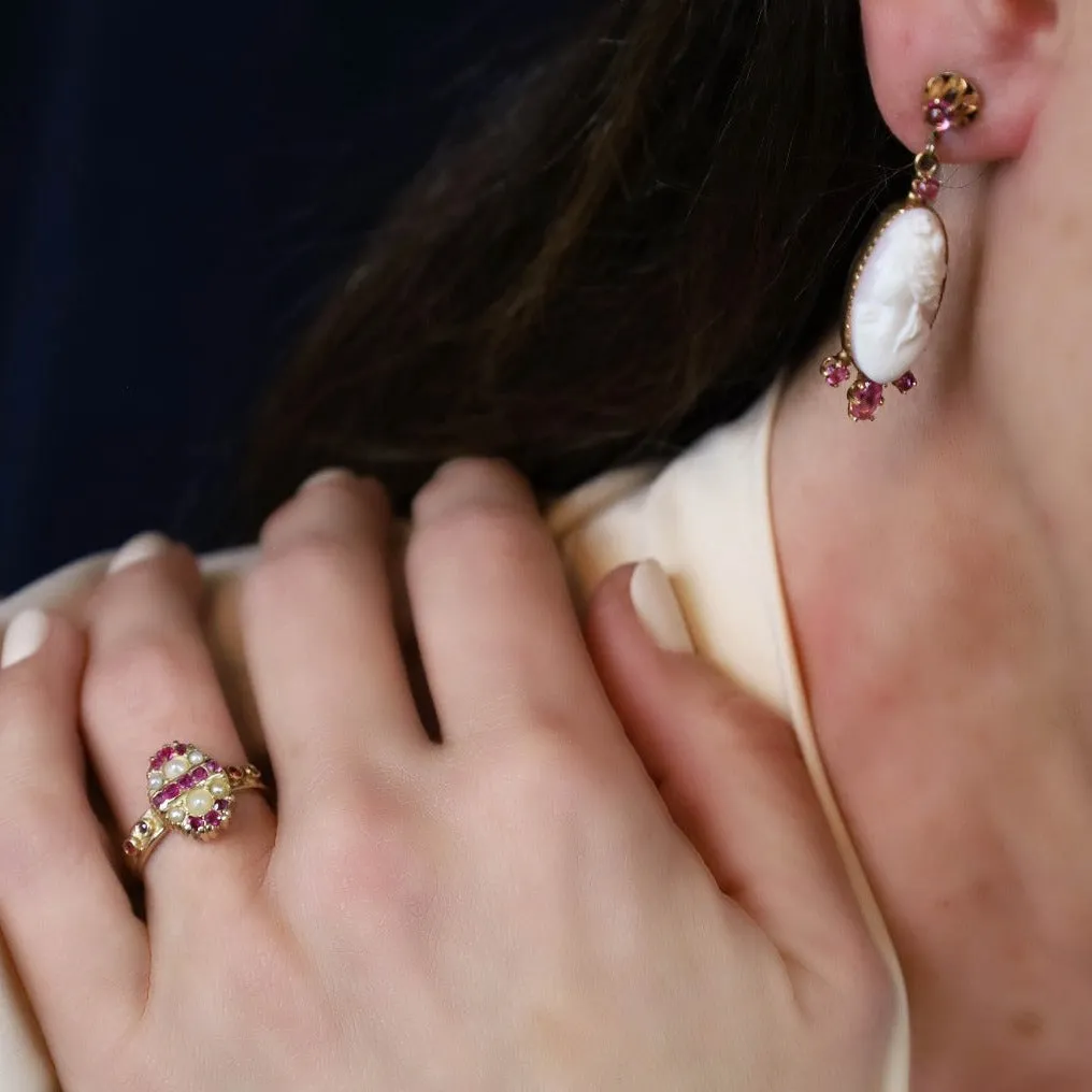 Vintage Pink Sapphire and Cameo Drop Earrings